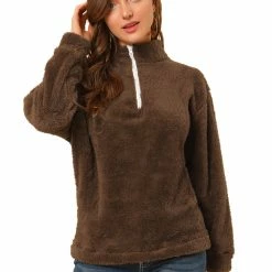Allegra K Womens Autumn Winter Pullover Notch Lapel Faux Fur Fluffy Sweatshirt