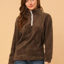 Allegra K Womens Autumn Winter Pullover Notch Lapel Faux Fur Fluffy Sweatshirt