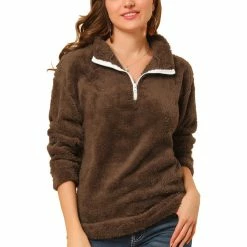 Allegra K Womens Autumn Winter Pullover Notch Lapel Faux Fur Fluffy Sweatshirt