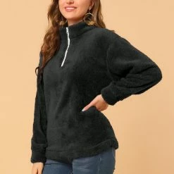 Allegra K Womens Autumn Winter Pullover Notch Lapel Faux Fur Fluffy Sweatshirt