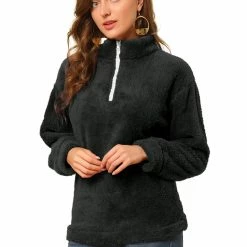 Allegra K Womens Autumn Winter Pullover Notch Lapel Faux Fur Fluffy Sweatshirt