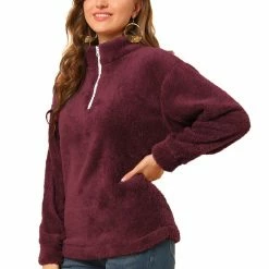 Allegra K Womens Autumn Winter Pullover Notch Lapel Faux Fur Fluffy Sweatshirt