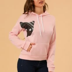 Allegra K Women's Hoodie Cute Rabbit Ear Cat Printed Long Sleeve Sweatshirt Pullover Tops Blouse