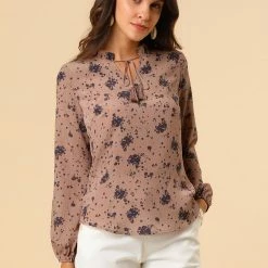 Allegra K Women's Boho Floral Casual Ruffle Tie Keyhole Long Sleeve Blouse Top