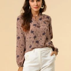 Allegra K Women's Boho Floral Casual Ruffle Tie Keyhole Long Sleeve Blouse Top
