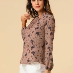 Allegra K Women's Boho Floral Casual Ruffle Tie Keyhole Long Sleeve Blouse Top