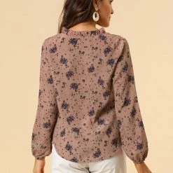 Allegra K Women's Boho Floral Casual Ruffle Tie Keyhole Long Sleeve Blouse Top
