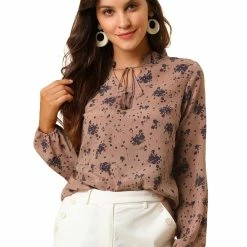 Allegra K Women's Boho Floral Casual Ruffle Tie Keyhole Long Sleeve Blouse Top