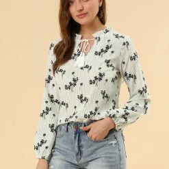 Allegra K Women's Boho Floral Casual Ruffle Tie Keyhole Long Sleeve Blouse Top