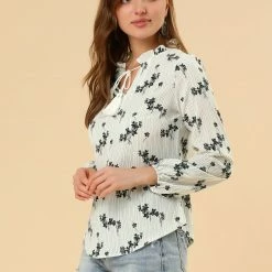 Allegra K Women's Boho Floral Casual Ruffle Tie Keyhole Long Sleeve Blouse Top
