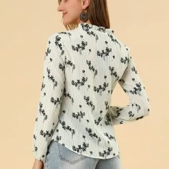 Allegra K Women's Boho Floral Casual Ruffle Tie Keyhole Long Sleeve Blouse Top