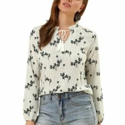 Allegra K Women's Boho Floral Casual Ruffle Tie Keyhole Long Sleeve Blouse Top
