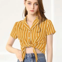 Allegra K Retro Striped Button Up Short Sleeve Tie Front Crop Shirt Women 77 Allegra K Retro Striped Button Up Short Sleeve Tie Front Crop Shirt Women
