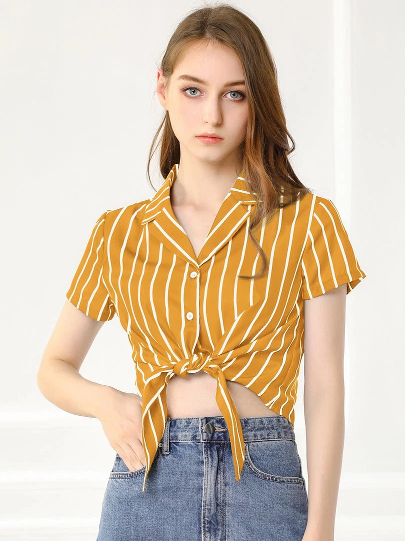 Allegra K Retro Striped Button Up Short Sleeve Tie Front Crop Shirt Women 35 Allegra K Retro Striped Button Up Short Sleeve Tie Front Crop Shirt Women