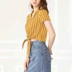 Allegra K Retro Striped Button Up Short Sleeve Tie Front Crop Shirt Women 78 Allegra K Retro Striped Button Up Short Sleeve Tie Front Crop Shirt Women