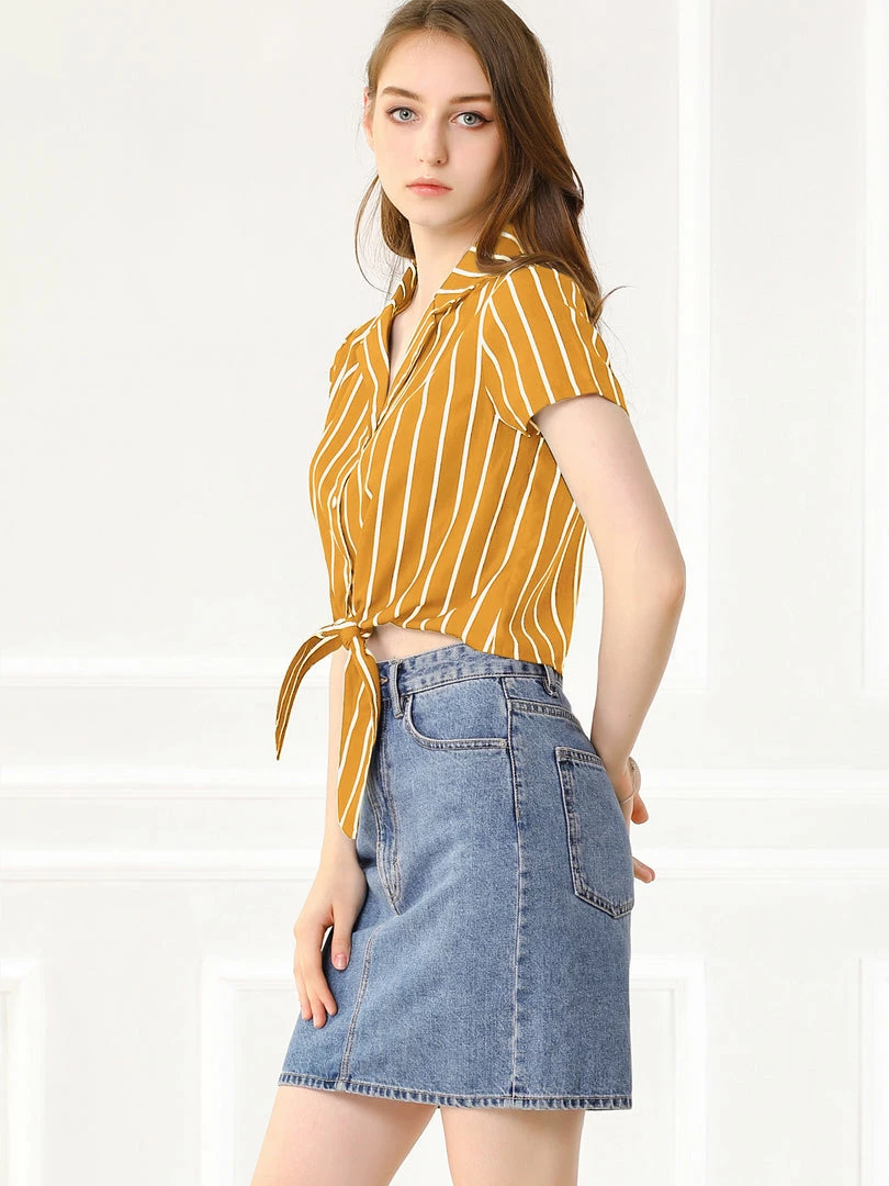 Allegra K Retro Striped Button Up Short Sleeve Tie Front Crop Shirt Women 36 Allegra K Retro Striped Button Up Short Sleeve Tie Front Crop Shirt Women