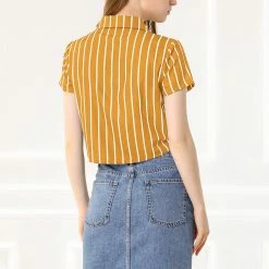 Allegra K Retro Striped Button Up Short Sleeve Tie Front Crop Shirt Women 79 Allegra K Retro Striped Button Up Short Sleeve Tie Front Crop Shirt Women