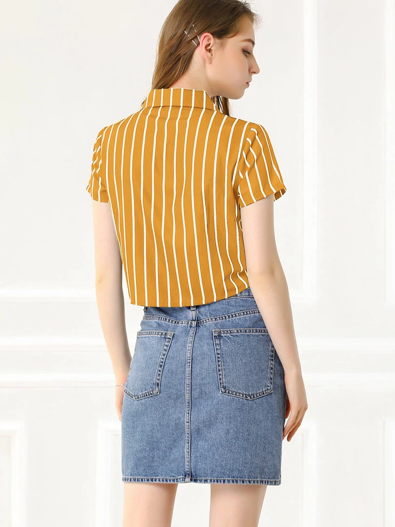 Allegra K Retro Striped Button Up Short Sleeve Tie Front Crop Shirt Women 37 Allegra K Retro Striped Button Up Short Sleeve Tie Front Crop Shirt Women
