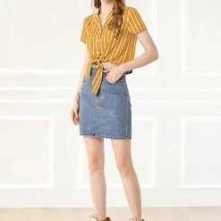 Allegra K Retro Striped Button Up Short Sleeve Tie Front Crop Shirt Women 80 Allegra K Retro Striped Button Up Short Sleeve Tie Front Crop Shirt Women