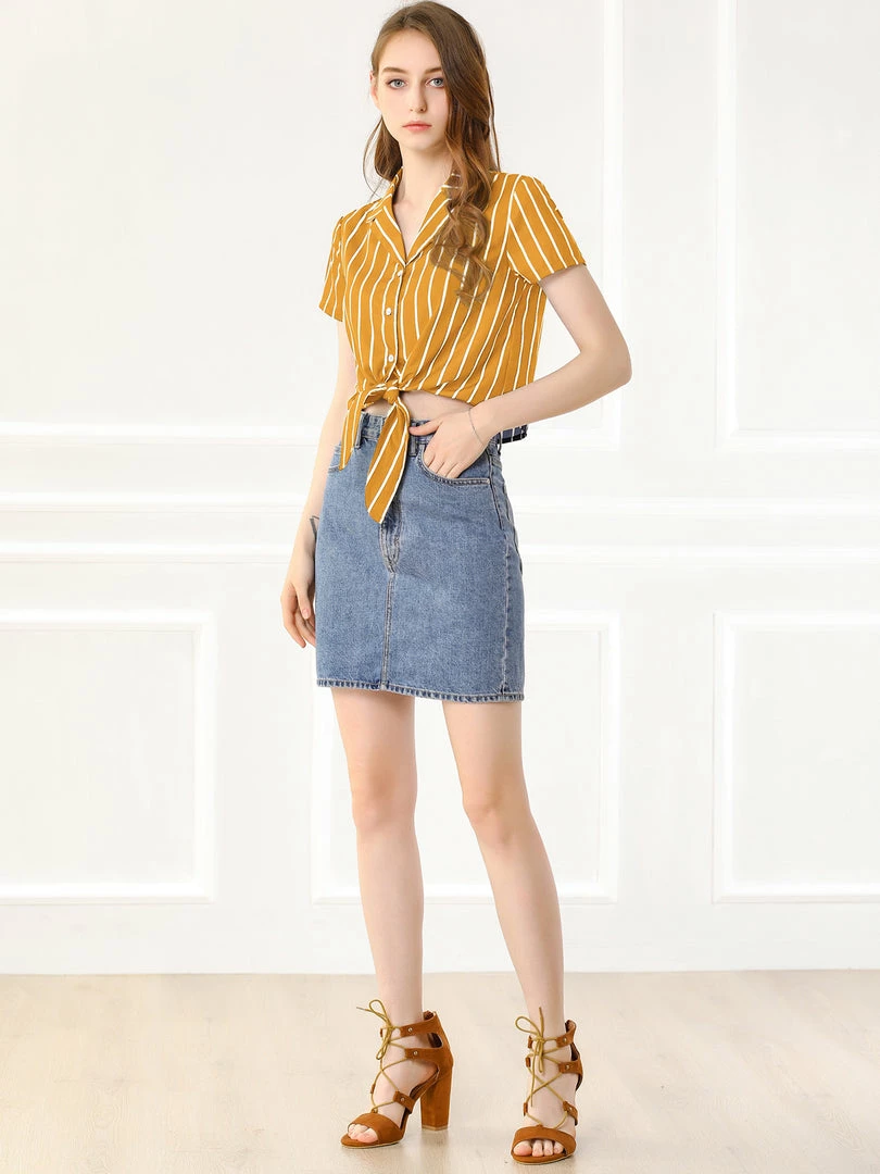 Allegra K Retro Striped Button Up Short Sleeve Tie Front Crop Shirt Women 38 Allegra K Retro Striped Button Up Short Sleeve Tie Front Crop Shirt Women