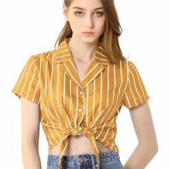 Allegra K Retro Striped Button Up Short Sleeve Tie Front Crop Shirt Women 76 Allegra K Retro Striped Button Up Short Sleeve Tie Front Crop Shirt Women
