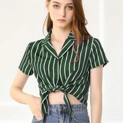 Allegra K Retro Striped Button Up Short Sleeve Tie Front Crop Shirt Women 83 Allegra K Retro Striped Button Up Short Sleeve Tie Front Crop Shirt Women