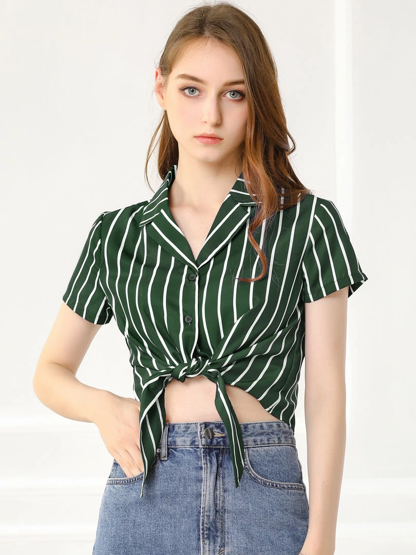 Allegra K Retro Striped Button Up Short Sleeve Tie Front Crop Shirt Women 41 Allegra K Retro Striped Button Up Short Sleeve Tie Front Crop Shirt Women