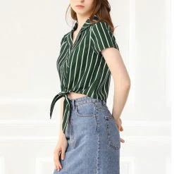 Allegra K Retro Striped Button Up Short Sleeve Tie Front Crop Shirt Women 84 Allegra K Retro Striped Button Up Short Sleeve Tie Front Crop Shirt Women