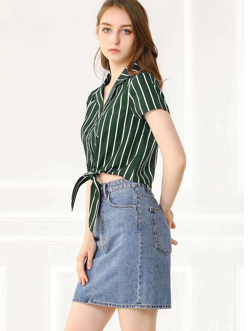 Allegra K Retro Striped Button Up Short Sleeve Tie Front Crop Shirt Women 42 Allegra K Retro Striped Button Up Short Sleeve Tie Front Crop Shirt Women