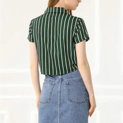 Allegra K Retro Striped Button Up Short Sleeve Tie Front Crop Shirt Women 85 Allegra K Retro Striped Button Up Short Sleeve Tie Front Crop Shirt Women