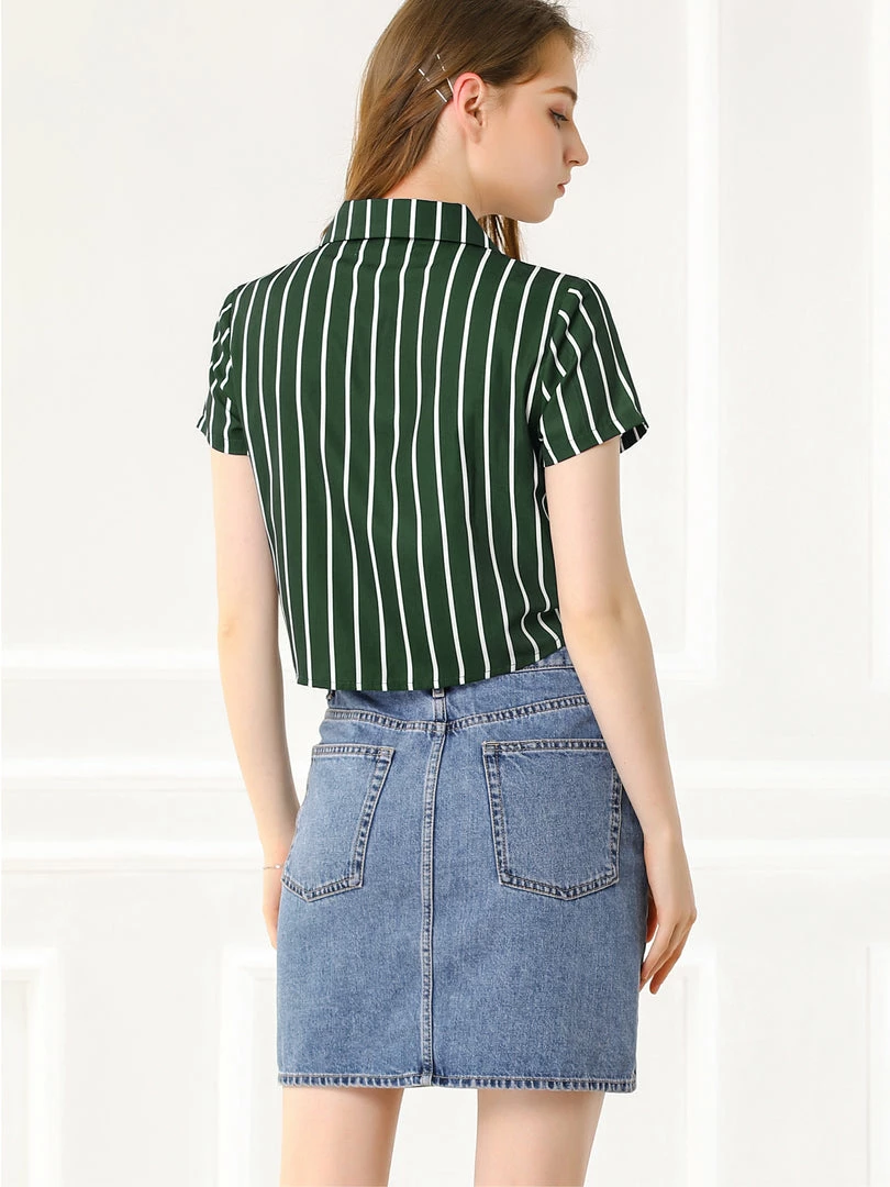 Allegra K Retro Striped Button Up Short Sleeve Tie Front Crop Shirt Women 43 Allegra K Retro Striped Button Up Short Sleeve Tie Front Crop Shirt Women