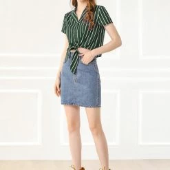 Allegra K Retro Striped Button Up Short Sleeve Tie Front Crop Shirt Women 86 Allegra K Retro Striped Button Up Short Sleeve Tie Front Crop Shirt Women