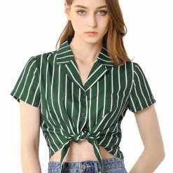 Allegra K Retro Striped Button Up Short Sleeve Tie Front Crop Shirt Women 82 Allegra K Retro Striped Button Up Short Sleeve Tie Front Crop Shirt Women