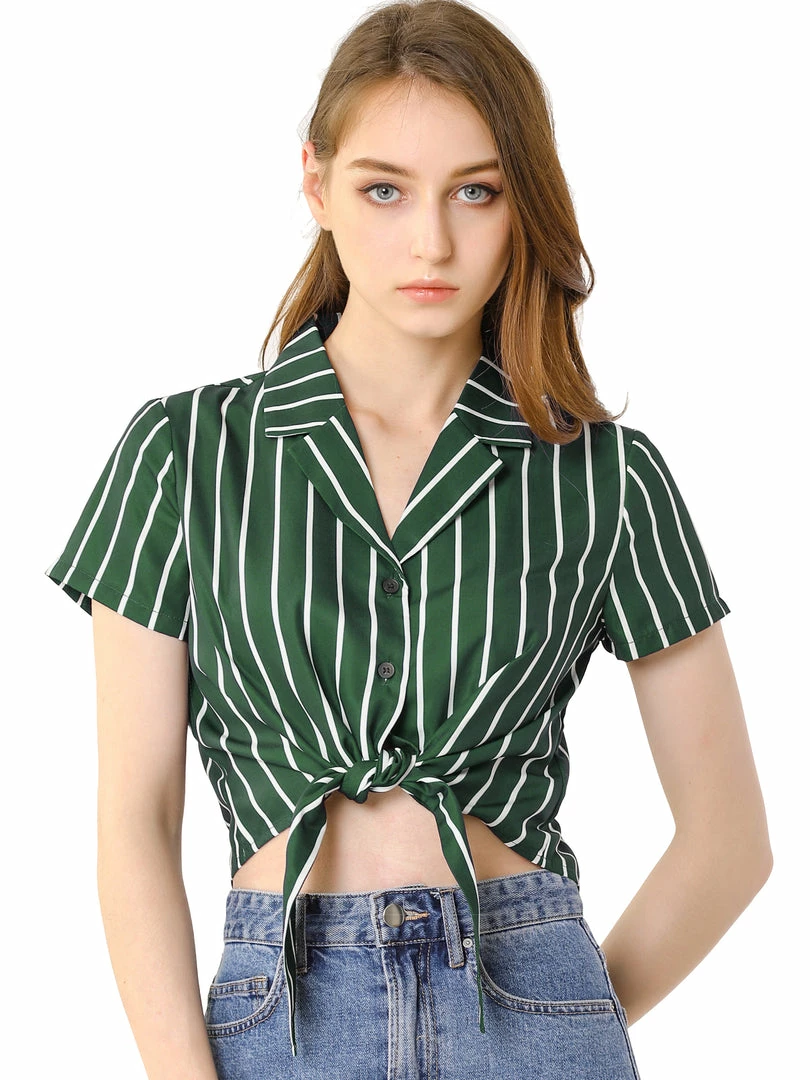 Allegra K Retro Striped Button Up Short Sleeve Tie Front Crop Shirt Women 40 Allegra K Retro Striped Button Up Short Sleeve Tie Front Crop Shirt Women