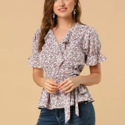 Allegra K Women's Sweet Fruit Crossover V Neck Ruffle Wrap Blouse Top