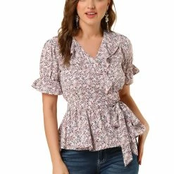 Allegra K Women's Sweet Fruit Crossover V Neck Ruffle Wrap Blouse Top
