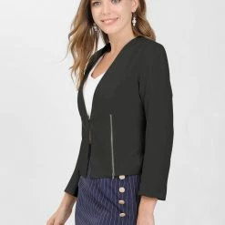 Allegra K Women's Work Office Open Front Zipper Collarless Cropped Blazer 65 Allegra K Women's Work Office Open Front Zipper Collarless Cropped Blazer