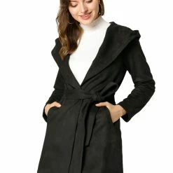 Allegra K Women's Winter Lapel Hooded Wrap Belted Long Coat With Pockets