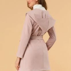 Allegra K Women's Winter Lapel Hooded Wrap Belted Long Coat With Pockets