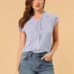Allegra K Women's Floral Printed Ruffles Cap Sleeve Chiffon Blouse Top