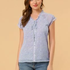 Allegra K Women's Floral Printed Ruffles Cap Sleeve Chiffon Blouse Top