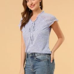 Allegra K Women's Floral Printed Ruffles Cap Sleeve Chiffon Blouse Top