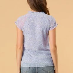 Allegra K Women's Floral Printed Ruffles Cap Sleeve Chiffon Blouse Top