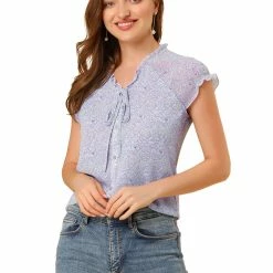 Allegra K Women's Floral Printed Ruffles Cap Sleeve Chiffon Blouse Top