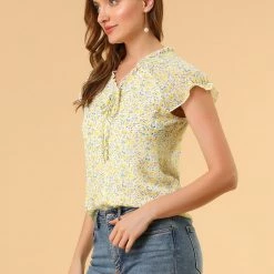Allegra K Women's Floral Printed Ruffles Cap Sleeve Chiffon Blouse Top