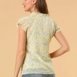 Allegra K Women's Floral Printed Ruffles Cap Sleeve Chiffon Blouse Top