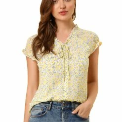 Allegra K Women's Floral Printed Ruffles Cap Sleeve Chiffon Blouse Top