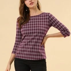 Allegra K Women's Work Office 3/4 Sleeve Boat Neck Houndstooth Top Blouse