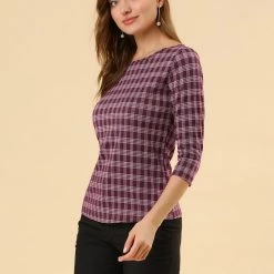 Allegra K Women's Work Office 3/4 Sleeve Boat Neck Houndstooth Top Blouse