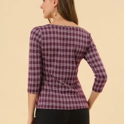 Allegra K Women's Work Office 3/4 Sleeve Boat Neck Houndstooth Top Blouse